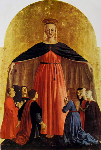 La Madonna della Misericordia nel dipinto di  Paolo della Francesca a SanSepolcro.La Vergine apre il mantello per protezione.