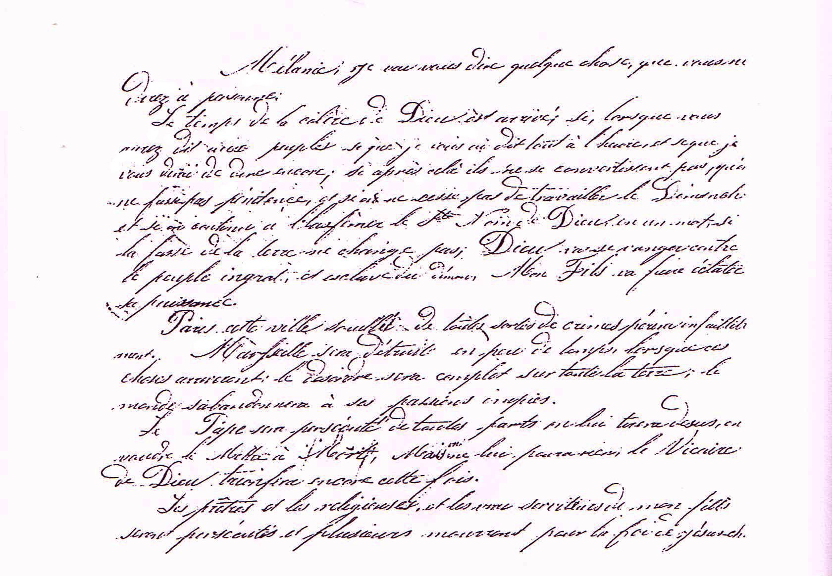 Manoscritto autografo di Melanie in cui rivela a Pio IX il messaggio datole dalla Madonna a La Salette