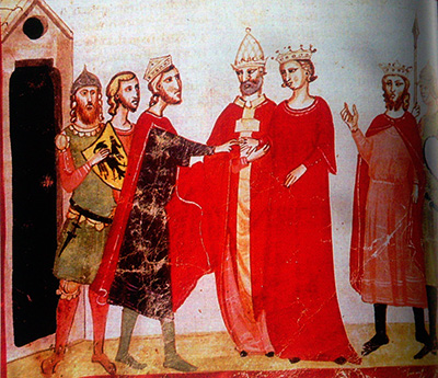 Onorio III celebra lo sposalizio di Federico II e Jolanda di Brienne, figlia di J. de Brienne re di Gerusalemme - Biblioteca Vaticana
