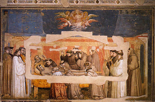 San Francesco morente mostra le stimmate. Giotto dipinge Donna Jacopa presente all'evento. Giotto, Santa croce, Firenze