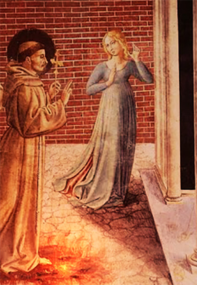 San Francesco si distende sulle braci e invita la cortigiana a imitarlo. Benozzo Gozzoli, Montefalco